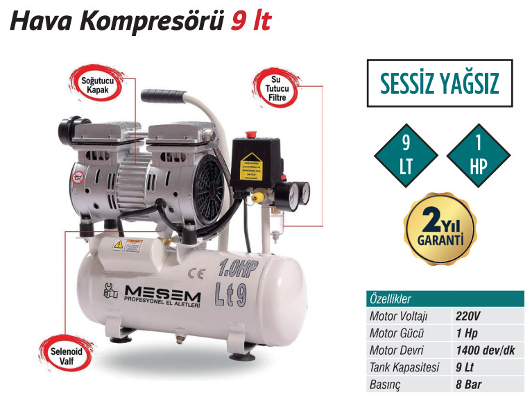 TRİCRAFT KAVA KOMPRESÖRÜ  SESSİZ YAĞSIZ 9 LT 1 HP