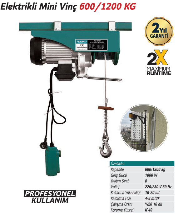 TRİCRAFT ELEKTRİKLİ MİNİ VİNÇ 600/1200 KG