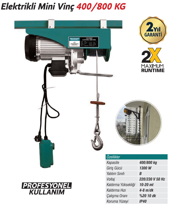 TRİCRAFT ELEKTRİKLİ MİNİ VİNÇ 400/800 KG